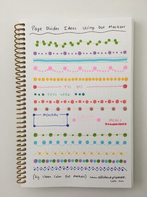 7 Ways to use dot markers in your planner or bullet journal - All About Planners Planner Border Ideas, Marker Border Designs, Dot Grid Notebook Ideas, Marker Design Ideas, Dot Marker Art, Dot Markers Art, Divider Ideas, Colorful Borders Design, Bond Paper Design