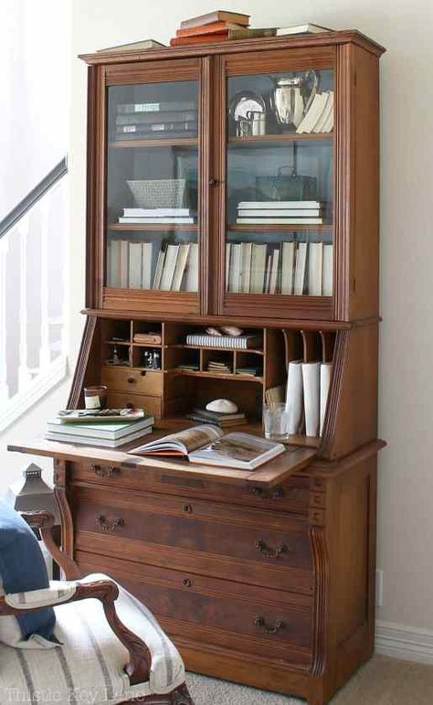 5 Ways To Style A Secretary Antique Secretary Desks Bedroom, Secretary Desk Living Room, Secretary Desk Styling, Secretary Desk In Living Room, Master Hallway, Airy Decor, Secretary Desk With Hutch, Vintage Secretary Desk, Antique Secretary Desks