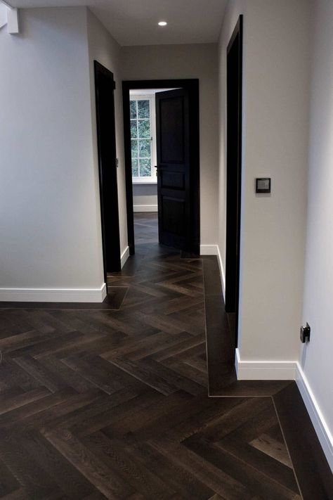 Dark Herringbone Floor, Herringbone Tile Floors, Oak Parquet, Oak Parquet Flooring, Wood Floor Design, Herringbone Wood Floor, Wood Tile Floors, Brass Trim, Floor Ideas