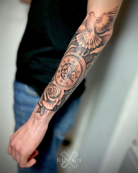 TATTOO ARTIST в Instagram: «Classic) #chicanotattoo #tattooedman #tattooideas #tattooed #tatt #tattoos #tattooartist #tattoolife #tattoodesign #tattooclock #tattoorose…» Rose Tattoo For Men Forearm, Rose And Watch Tattoo, Forearm Tattoo Men Sleeve Clouds, Rose Tattoo For Men, Dove And Rose Tattoo, Dove Tattoo Meaning, Forearm Tattoo Men Sleeve, Tattoo Men Sleeve, Tattoos On Arm