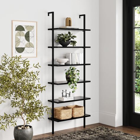 PRICES MAY VARY. This 6-tier tall, modern wall mount bookcase or shelving wall unit for shelving up any space with its industrial and modern style of matte black metal and painted wood. With wider shelves, this tall ladder bookshelf offers substantial storage with open shelves to display decor, collectibles or books. Has a sleek and space-saving style with open shelves you can use for your home office, kitchen or living room. Create the perfect space thanks to the modular design of Theo 6-shelf Minimal Bookshelf, Industrial Wall Shelves, Ladder Bookshelf, Open Wall, Industrial Shelving, Ladder Shelf, Bookshelves Diy, Industrial Wall, Austin Design