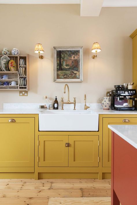 Cantire House - Shaker Workshops Marigold Kitchen Cabinets, Green And Mustard Kitchen, Mustard Yellow Cabinets, Mustard Kitchen Ideas, Colourful Kitchen Cabinets, Mustard Yellow Kitchen Cabinets, Mustard Kitchen Cabinets, Mustard Cabinets, Mustard Yellow Kitchen