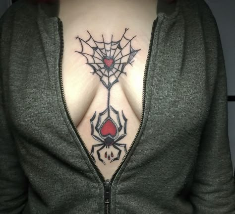 Spiderweb Tattoo Chest, Hanging Spider Tattoo, Spiderweb Chest Tattoo, Women Chest Tattoo, Hairline Tattoos, Butterfly Hand Tattoo, Girl Arm Tattoos, Web Tattoo, Pretty Hand Tattoos