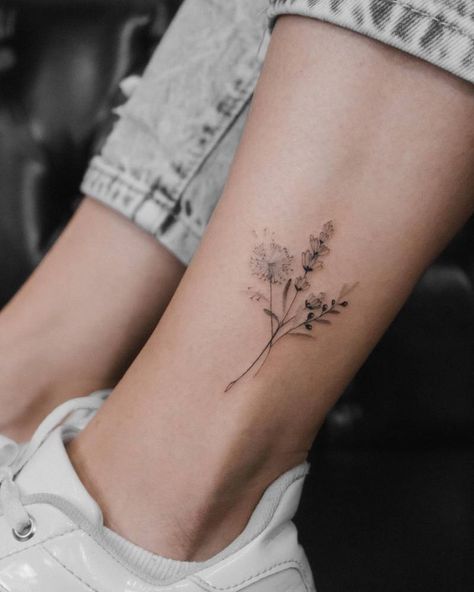 Gratitude Tattoo With Flower, Wildflower Tattoo On Ankle, Dainty Flower Ankle Tattoo, Rose Flower Bouquet Tattoo, 5 Flowers Tattoo, Shamrock Bouquet Tattoo, Vintage Bouquet Tattoo, Carnation Tattoo Ankle, Ankle Birth Flower Tattoo