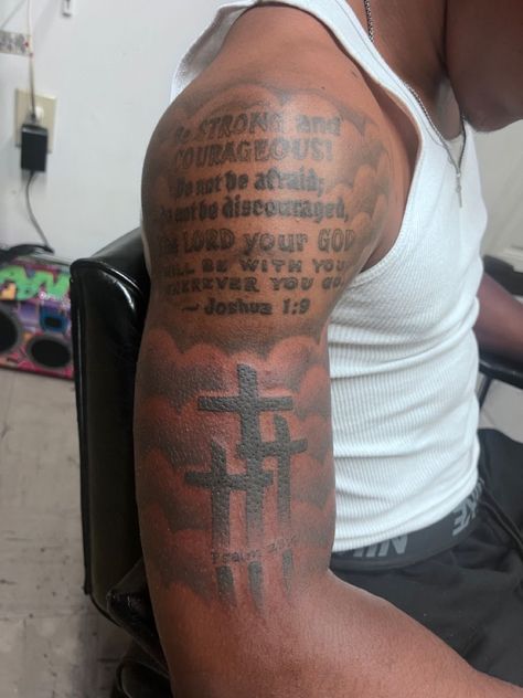 Tattoo Idea For Shoulder, Upper Arm Memorial Tattoo Men, Half Upper Sleeve Tattoo Men, Bible Verse Quarter Sleeve Tattoo, Upper Arm Tattoo Men Half Sleeves Clouds, Shoulder And Bicep Tattoo Men, Upper Half Sleeve Tattoos For Men, Men Tattoo Bicep, Upper Forearm Tattoo Men Ideas