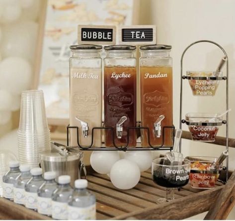 Boba Table Wedding, Milk Tea Party Theme, Boba Bar Wedding Drink Stations, Birthday Party Coffee Bar, Bubble Tea Station Party, Boba Bridal Party, Make Your Own Boba Station, Sweet Tea Wedding Drink Stations, Bubble Tea Wedding Bar