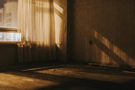 Closed Curtains, Brown Rooms, Yellow Room, Room Window, Old Room, Wood Room, Apartment Aesthetic, Brown Walls, Empty Room