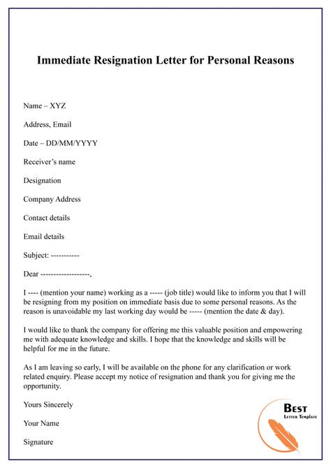 Resignation Letter for Personal Reason – Format Sample & Example Resignation Letter For Personal Reason, Immediate Resignation Letter Sample, Immediate Resignation Letter, Resignation Letter Format, Resignation Template, Short Resignation Letter, Job Letter, Last Day At Work, Application Writing