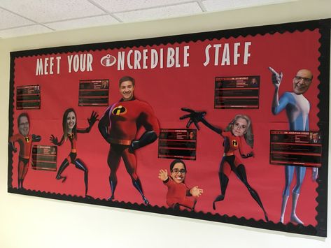 Meet your incredible staff. The incredibles and Pixar themed bulletin board - CK Incredible Classroom Theme, Meet Our Staff Bulletin Board Ideas Office, Meet The Team Bulletin Board Office, Meet The Team Board, The Office Themed Bulletin Board, Staff Bulletin Boards Meet The, Meet Our Staff Board, Meet Your Teacher Bulletin Board, Ra Staff Bulletin Board