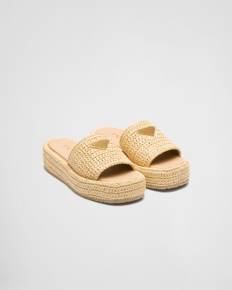 Natural Crochet Flatform Slides | PRADA Crochet Logo, Designer Espadrilles, Raffia Sandals, Crochet Sandals, Casual Dress Shoes, Slides Women, Christian Louboutin Women, Flatform Sandals, Woven Raffia