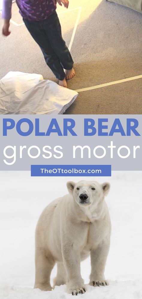 Love this fun Polar Bear Theme for indoor play ideas. Check out the polar bear gross motor activities listed here and challenge kids to move, and develop coordination, balance, direction changes, movement patterns, core strength, stability, and more. These polar bear activities go well with our polar bear gross motor virtual therapy slide deck, too, so you’ll want to check that out as well. Add gross motor play to your winter line-up! Polar Bear Gross Motor Activity, North Pole Preschool Activities, Bear Gross Motor Activities, Tape Obstacle Course, Polar Bear Theme Preschool, Polar Bear Games, Arctic Animals Preschool Activities, Polar Bears Preschool, Indoor Winter Activities