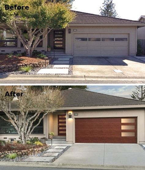 Rinnovo Garage, Mid Century Garage, Exterior Home Makeover, Front Yard Designs, Faux Wood Garage Door, Contemporary Garage Doors, Remodel Garage, Ranch Renovation, Garage Door Ideas