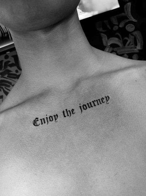 Words Across Chest Tattoo, Script Chest Tattoo Men, Tattoo Ideas Text Words, Gothic Font Tattoos For Women, Chest Text Tattoo Men, Small Word Tattoos Men, Oh Well Tattoo, Lettering Tattoo Men, Ignorant Tattoo Ideas