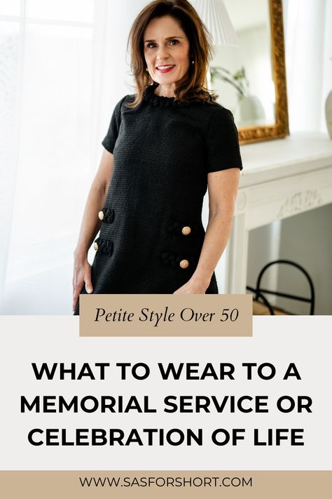 Attending a memorial service or celebration of life service can be challenging, but finding the perfect outfit shouldn't be. Explore the art of dressing with grace and respect, focusing on petite style over 50 that's classy and not frumpy. Discover the right balance of elegance and comfort as you honor a loved one's life. Follow Beth for more petite fashion styling tips and suggestions. What To Wear To A Casual Celebration Of Life, Outfit For Celebration Of Life Memorial, What To Wear To A Wake Memorial Services, What To Wear To A Memorial Service, What To Wear To A Celebration Of Life, Memorial Outfit Celebration Of Life, Memorial Service Outfit For Women, Celebration Of Life Outfit, Celebration Of Life Outfit Women