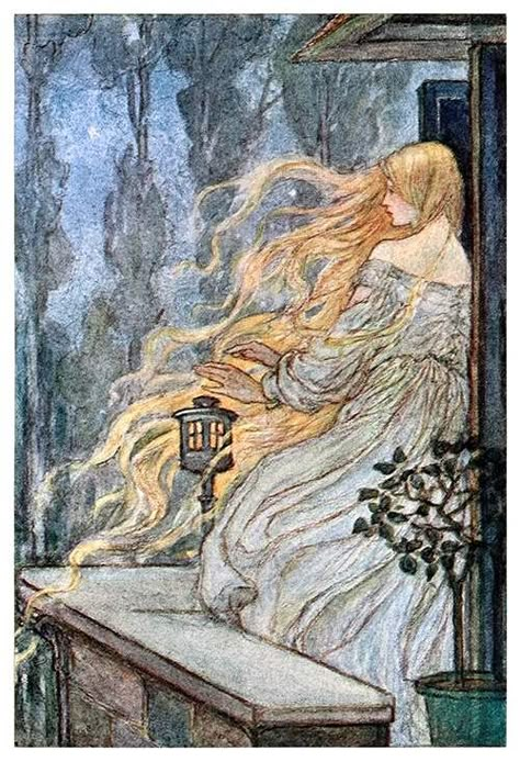 A woman is standing on her balcony, letting her loose, flame-like hair flow in the wind Florence Harrison, Fairy Tale Illustrations, Fairytale Art, Book Illustrations, Art And Illustration, A Drawing, Rapunzel, Children's Books, Once Upon A Time