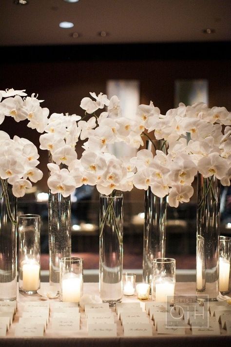 Wedding Reception Entrance, Flowers And Candles, Reception Entrance, Orchid Centerpieces, Elegant Wedding Reception, Orchid Wedding, Artificial Orchids, Flower Centerpieces Wedding, White Orchids