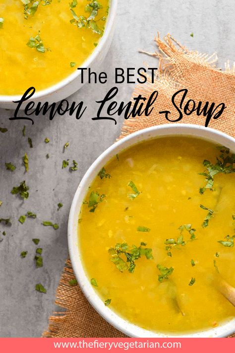 This beautiful easy, healthy and nutritious lemon lentil soup recipe can be made on the stovetop, in the instant pot, in a pressure cooker or using a crockpot, and all in under 25 minutes! (well, except the slow cooker...). Light brothy lemony goodness with ginger and cilantro and Indian flavours, the perfect bright pick-me-up soup or light starter. It's also vegan and gluten-free! Make it today, you won't regret it! Lemon Lentil Soup Recipe, Lemon Lentil Soup, Lemon Lentil, Vegan Stew Recipes, Spicy Vegetarian Recipes, Spicy Vegan Recipes, Lemon Soup, Lentil Soup Recipe, Vegan Lentil Soup