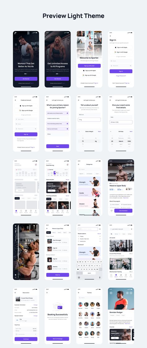 Sporter - Fitness & Workout App UI Kit — Figma Resources on UI8 Fitness Mobile App Design, Workout App Design, Fitness App Ui Design, Figma App Design, Fitness Apps Design, Mobile App Onboarding, Fitness App Ui, Flow App, App Ideas