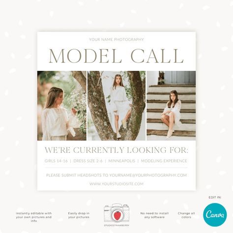 Download     Our minimalistic Model Call template is perfect for finding new models for your photography studio. This easy-to-edit Canva template lets you announce your model casting in a clean, professional way. With new models, you can take fresh, beautiful photos that enhance your marketing materials and promote your business more effectively. Attracting new talent also Model Call Template, Call Template, Photography Marketing Templates, Model Casting, Model Call, Photography Marketing, Marketing Template, Promote Your Business, Photography Studio