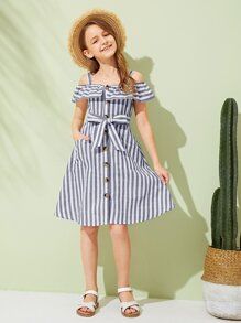 Girls Button Front Belted Striped Dress With Strap 14.00 USD Ruffle Dresses, Kids Frocks Design, Girl Dress Patterns, Kids Fashion Dress, Kids Frocks, Frocks For Girls, Dresses Kids Girl, Kids Outfits Girls