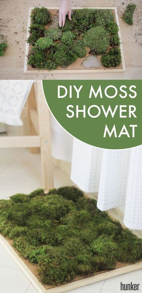 A DIY moss shower mat that thrives off your excess water from the shower. Genius. Moss Shower Mats, Diy Bathroom Mat, Moss Bath Mat, Bathroom Mat Ideas, Spa Inspired Bathrooms, Diy Moss, Mat Ideas, Moss Rug, Spa Inspired Bathroom