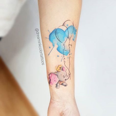 Dumbo 💙🐘 . . Gracias por la confianza Ángela! . . #disneyinspired #disneytattooartist #disney #disneytattoo #dumbotattoo #dumbo… Dumbo Tattoo, Tattoo Hearts, Mama Tattoo, Disney Sleeve, Heaven Tattoos, Mother Tattoos, Disney Tattoo, Tatuaje A Color, Elephant Tattoo