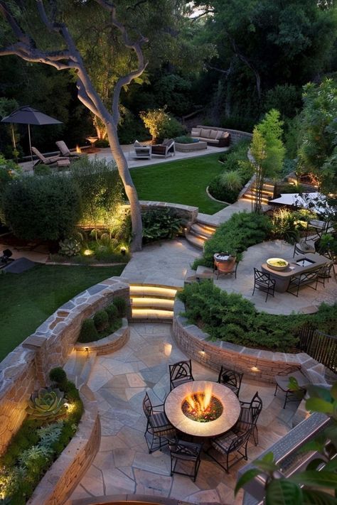 Landscaping On A Budget, Large Backyard Landscaping, Backyard Sanctuary, Backyard Layout, Backyard Dreams, Private Backyard, Sloped Backyard, Stone Patio, Big Backyard