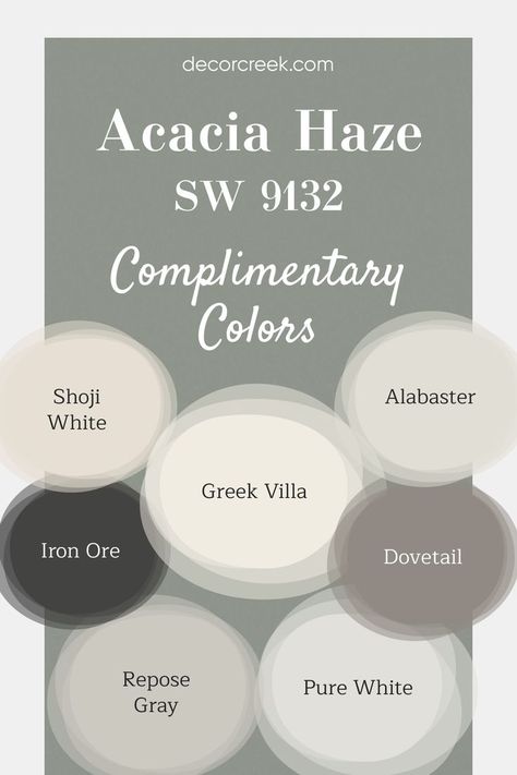 This pin showcases complementary colors for Acacia Haze SW 9132 by Sherwin Williams, a calming green-gray. It pairs beautifully with soft neutrals like Shoji White and Greek Villa to create a warm, inviting space. Deeper tones like Iron Ore and Dovetail add contrast, while Pure White, Alabaster, and Repose Gray bring brightness and cohesion to the overall look. Acacia Haze Sherwin Williams, Acacia Haze, Sherwin Williams Alabaster White, Iron Ore Sherwin Williams, Greek Villa Sherwin Williams, Greek Villa, Shoji White, Blue Green Paints, Greek Villas