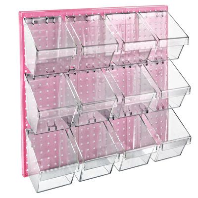 Azar Displays 12 Small Bucket Peg Wall Accessory Organizer Set is ideal for organizing Tools, Screws, Hardware, Toys, Lego, Nerf Accessories, Crafts and Art Supplies. The Clear Frosted Pegboard is made of high impact styrene which makes it strong and durable, and it measures 24” x 24”. The Kit includes 12 small Buckets with hardware to hang the buckets and screws are included for hanging the pegboard to the wall. Each small Bucket measures 3.14” wide x 4.246” deep x 4.453” high. The open slope d Craft Shed Organization, Pegboard Art Supplies, Glitter Organization, Small Business Room Ideas, Peg Board Storage, Peg Board Display, Party Supply Organization, Pegboard Craft Room, Boutique Office