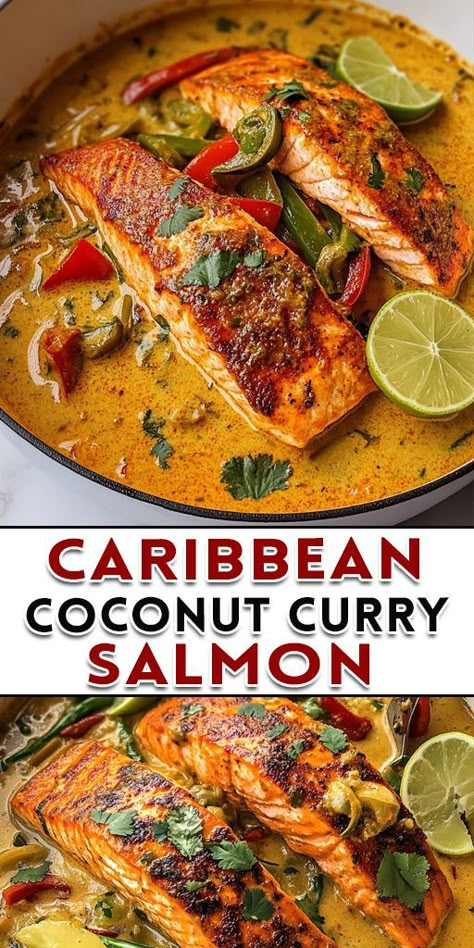 🥥 Bring tropical flavors to your table with this Caribbean Coconut Curry Salmon! The creamy coconut curry sauce, spiced with island herbs, perfectly complements the tender salmon. 🌶️ It’s a flavorful, dairy-free dinner idea that will transport you to the Caribbean with every bite. Serve with jasmine rice or plantains for the ultimate feast! 💡 Save this pin and enjoy a tropical dinner at home! #CaribbeanSalmon #CoconutCurry #SeafoodRecipes #HealthyDinner #TropicalFlavors 🐟🌴 Mahi Mahi Coconut Curry, Salmon In Coconut Sauce, Coconut Curry Salmon With Jasmine Rice, Carribean Salmon, Salmon Restaurant Style, Carribean Salmon Recipes, Coconut Sauce For Fish, Fish In Coconut Milk Recipes, Dairy Free Seafood Recipes