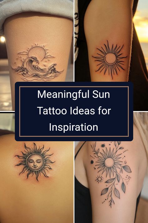 Looking for creative sun tattoo designs that carry deep meaning? This collection features unique sun tattoo ideas symbolizing strength, life, and energy. From minimalist solar designs to intricate sun murals, explore a variety of styles that express your personal journey. Delve into ideas that capture the warmth of the sun and themes of renewal and beauty. Whether you are considering your first tattoo or adding to your collection, these inspirational sun designs are bound to spark your creativity. Sun And Moon Tattoo Small Wrist, Egyptian Sun God Tattoo, Minimalist Sun Tattoo Simple, Sunshine On My Shoulders Tattoo, Sun Moon Dreamcatcher Tattoo, Sun Moon Cloud Tattoo, Behind The Ear Sun Tattoo, Sun Tatoos Woman, Feminine Sun Tattoo