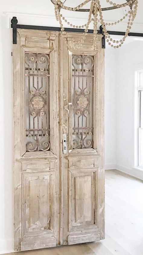 Sliding Antique Door, Outdoor Carport Ideas Decor, French Doors Living Room Interior Design, Column Base Ideas, French Country Staircase, Antique Doors In House, Antique Doors Repurposed, Rustic French Doors, French Barn Doors