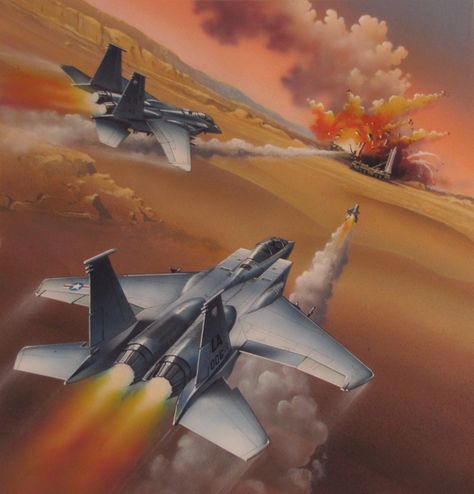 Painting : "Strike Eagle" (Original art by The art of mike bates) Battlefield Painting, Helicopter Art, Fighter Planes Art, Missile Launcher, Illustration Board, F 15, Aircraft Painting, Military Artwork, Eagle Art