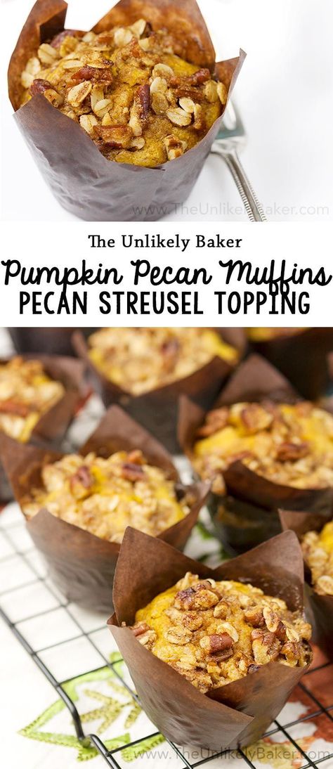 Start the day with these delicious pumpkin pecan muffins. With bits of crunchy pecans mixed in with the batter and a delightful pecan streusel topping. #recipe #pumpkin #fall Pumpkin Pecan Muffins, Pecan Streusel Topping, Muffins Blueberry, Pecan Muffins, Thanksgiving Breakfast, Recipe Pumpkin, Pumpkin Recipe, Fall Morning, Great Pumpkin