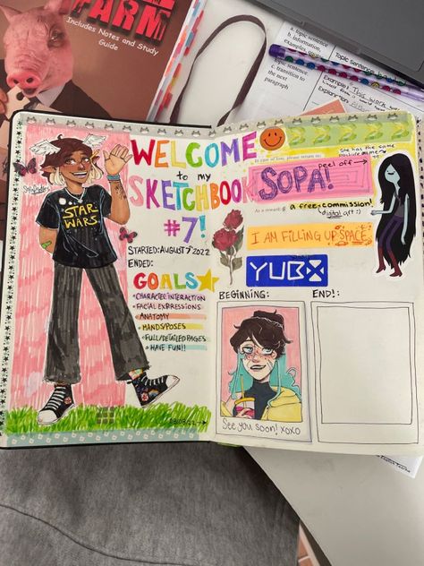 full welcome page! pls dont repost !!! Croquis, Full Drawing Sketch, Beginning Sketchbook Ideas, Welcome Sketchbook Page Ideas, Welcome Page For Sketchbook, Sketchbook About Me Page, Introduction Sketchbook Page, Welcoming Page Sketchbook, First Pages Of Sketchbook