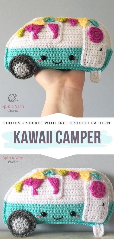 Kawaii Camper Free Crochet Pattern #crochetcampervan Crochet Caravan Free Pattern, Crochet Rv Accessories, Crochet Camper, Camping Crochet, Crochet Pompom, Yarn Toys, Stuffed Animal Crochet, Macrame Wood, Rope Macrame