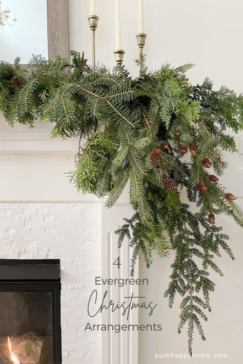 Evergreen Christmas Decor, Evergreen Decorations, Evergreen Arrangements, Evergreen Decor, Evergreen Candle, Mantel Christmas, Winter Outside, Cozy Winter Decor, Christmas Help