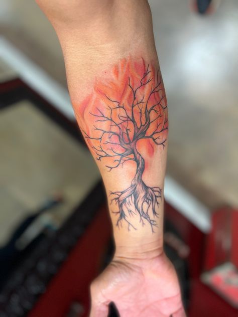 Burning Tree Tattoo, Tree On Fire Tattoo, Burning Bush Tattoo, Bush Tattoo, Rush Tattoo, Bluebonnet Tattoo, Burn Tattoo, Faith Tattoos, Word Tattoo Ideas