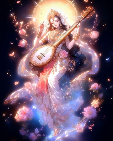 Created by- @artiswellnl #saraswati ma #hindu #goddess Aesthetic Saraswati Goddess, Maa Saraswati Aesthetic, Sarswati Goddesses Painting, Saraswati Goddess Wallpapers, Maa Saraswati Wallpapers, Cute Saraswati Goddess, Maa Saraswati Art, Ma Saraswati Images, Sarswati Maa Photo