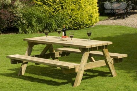 Relax on our medium 140cm A Frame Table! The 'tough' nature of the pressure treated wood is contrasted by the soft, curved edge designs, ensuring non-sharp edges and an attractive design - very practical in the school environment!  http://www.bridgetimber.com/product/picnic-tables-and-benches/140cm-frame-table Round Picnic Table, Wooden Garden Table, Picnic Table Bench, Woodworking Projects Furniture, Table And Bench Set, Treated Timber, Picnic Bench, Woodworking Projects For Kids, Garden Table And Chairs