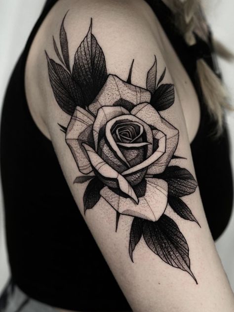 Black And Grey Roses Tattoo, Neotraditional Flower Tattoo Black, Rose Tattoo Dark, Stipple Tattoo Design, Rose Head Tattoo, Large Rose Tattoo, Blackwork Rose Tattoo, Dark Rose Tattoo, Black And Grey Rose Tattoo