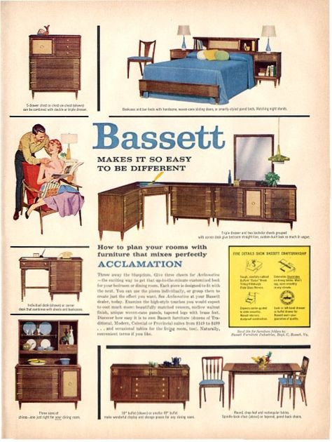 Vintage Bassett Furniture ad 1958 1970 Decor, Furniture Advertising, Bookshelf Bedroom, Vintage Drawings, Vintage Catalog, Vintage Ikea, Retro House, Mcm Furniture, Product Marketing