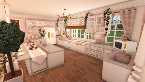 Bloxburg Pink Kitchen Ideas, Bloxburg Blush Kitchen Ideas, Bloxburg Kitchen Ideas Coquette, Coquette Bloxburg House Kitchen, Pink Coquette Bloxburg House, Blush Bathroom Bloxburg, Bloxburg Pink Kitchen, Modern Blush House Bloxburg, Blush Kitchen Bloxburg