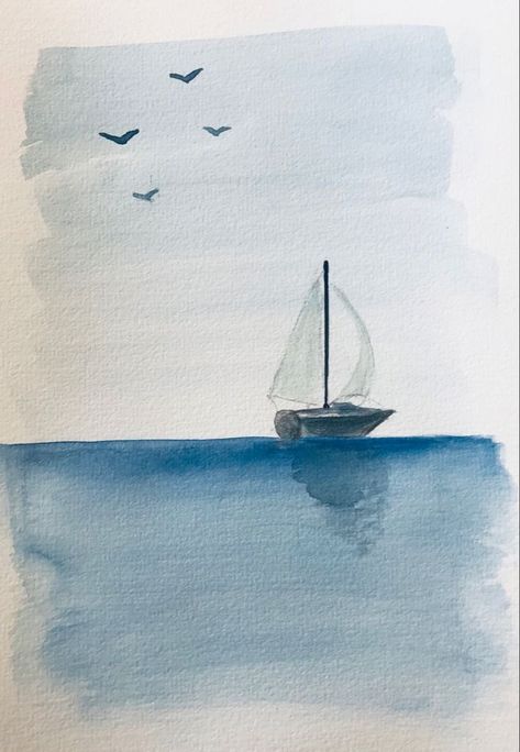 Sea Boat Watercolor Painting, Sailboat Watercolor Painting Easy, Sailboat Watercolor Easy, Watercolor Art Beach Simple, Watercolor Boat Painting Easy, Beach Watercolor Paintings Simple, Watercolour Ideas Easy, Watercolor Sailboat Simple, Landscape Watercolor Easy