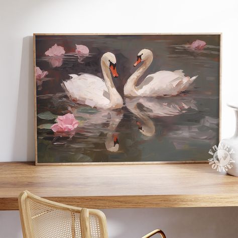 Aesthetic Painting For Room Decor, Paintings Aesthetic Vintage, Swan Artwork, Coquette Wall Art, Painting Horizontal, Swan Wall Art, Swan Art, Swan Painting, Horizontal Painting