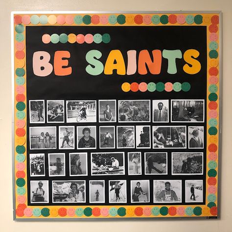 Look to Him and be Radiant: Saints & Sports Bulletin Board All Saints Day Bulletin Board Ideas, Saints Bulletin Board Ideas, Saint Bulletin Board Ideas, Rosary Bulletin Board Ideas, Catholic School Bulletin Board Ideas, Catholic Bulletin Board Ideas, Advent Bulletin Boards Catholic, Jesus Bulletin Boards, Sports Bulletin Boards