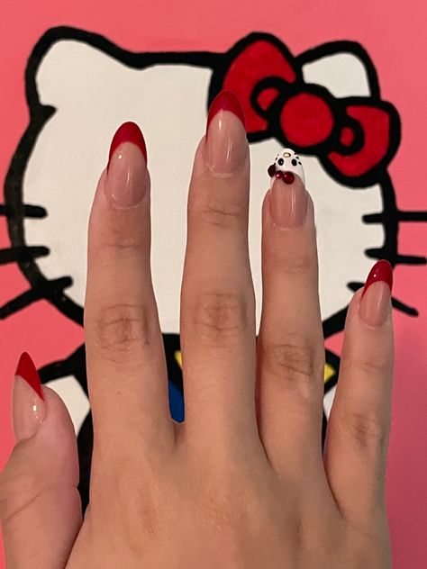 Hello Kitty Nails Short Almond, Hello Kitty Nails Almond Shape, Hello Kitty And Spiderman Nails, Hello Kitty Nails Simple, Nail Ideas Hello Kitty, Hello Kitty Nails Almond, Simple Hello Kitty Nails, Hello Kitty Almond Nails, Red Hello Kitty Nails