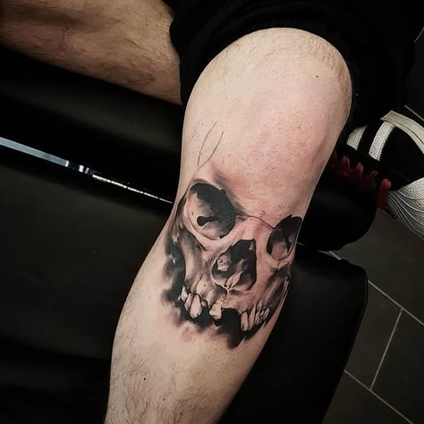 Skull in progress #blackandgrey #skull #kneetattoo Knee Tattoo Men Skull, Mean Skull Tattoo, Skull Leg Tattoos, Skull Tattoo On Leg, Knee Skull Tattoo, Cool Simple Tattoos For Guys, Skull Knee Tattoo, Skull Tattoo Black And Grey, Knee Tattoo Men