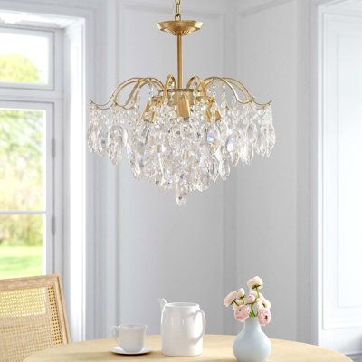 Illuminate you space with this luxury 6-light crystal chandelier! Crafted with brass polished finish metal, delicate K9 crystals fall from the fixture, beautiful lighting disperse from delicate crystal shade when the lights on, making this fixture more chic and luxury. . 2 Install styles and adjustable chain bring your more options, which make this fixture suitable for both high and low ceilings. This would be a big update for your home decor and you will not disappointed! | House of Hampton® Mo Bathroom Gold Chandelier, Master Bath Gold Chandelier Over Tub, Master Closet Chandeliers, Chandelier In Master Closet, Chandelier In Room, Bathroom Chandelier Over Tub Farmhouse, Gold Bathroom Chandelier, Girl Room Light Fixture, Small Chandelier Bathroom