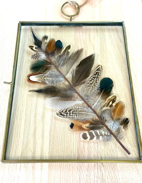 This frame is made from different bird feathers peacock, rooster, quail, guinea fowl, pheasant etc, and all ethically gathered or purchased. This can be feathers that look like a feather or a leaf depending on how you see it.  Floating frames are very popular as they give a fresh and modern look to any room as well as a beautiful indoor- outdoor warmth. They look amazing when grouped together. Coming soon, I will have photos of grouped frames so you can see how lovely they look together. These feather frames will ALL be different. I have to find each individual feather to fit perfectly together, so each feather frame will be unique. There is no way I can make them exactly the same, however, please know that you won't be surprised with some crazy frame you receive. Haha I use the same varie Framed Feathers, Feather Decor, Different Birds, Feather Crafts, Feather Art, Oct 11, Nature Crafts, Butterfly Wings, A Frame